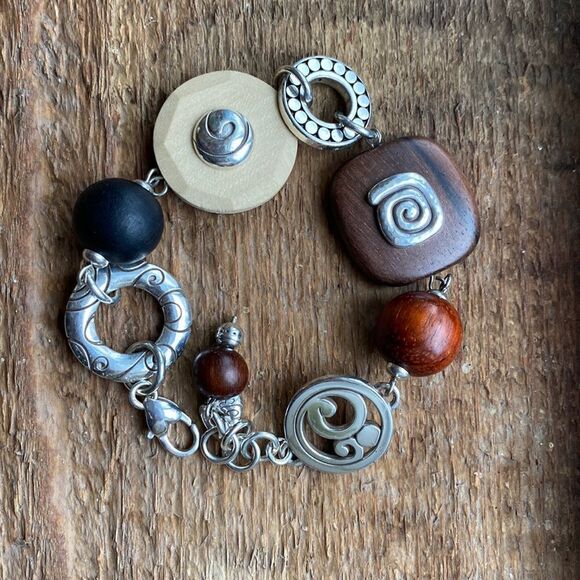 BRIGHTON contempo wood and silver beaded blocky link‎ bracelet - Picture 6 of 6